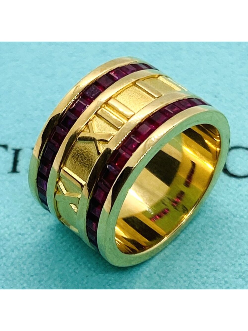 Tiffany & Co Italy 18K Yellow Gold Ruby Atlas Wide Band Ring Size 6